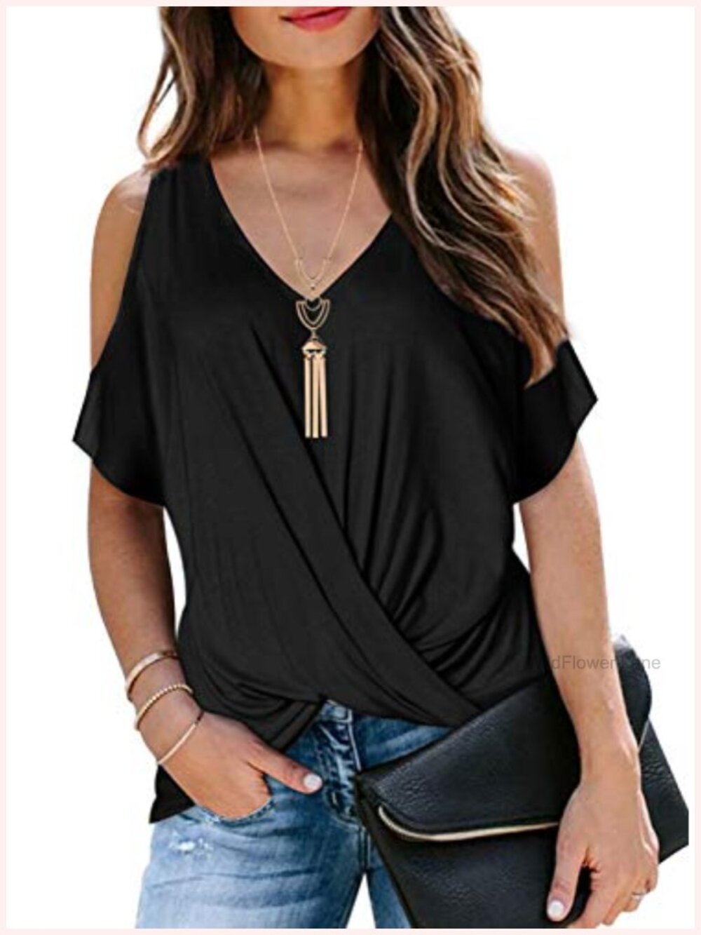 Womens Cold Shoulder Twist Front V Neck Ruched Short Sleeve Blouse